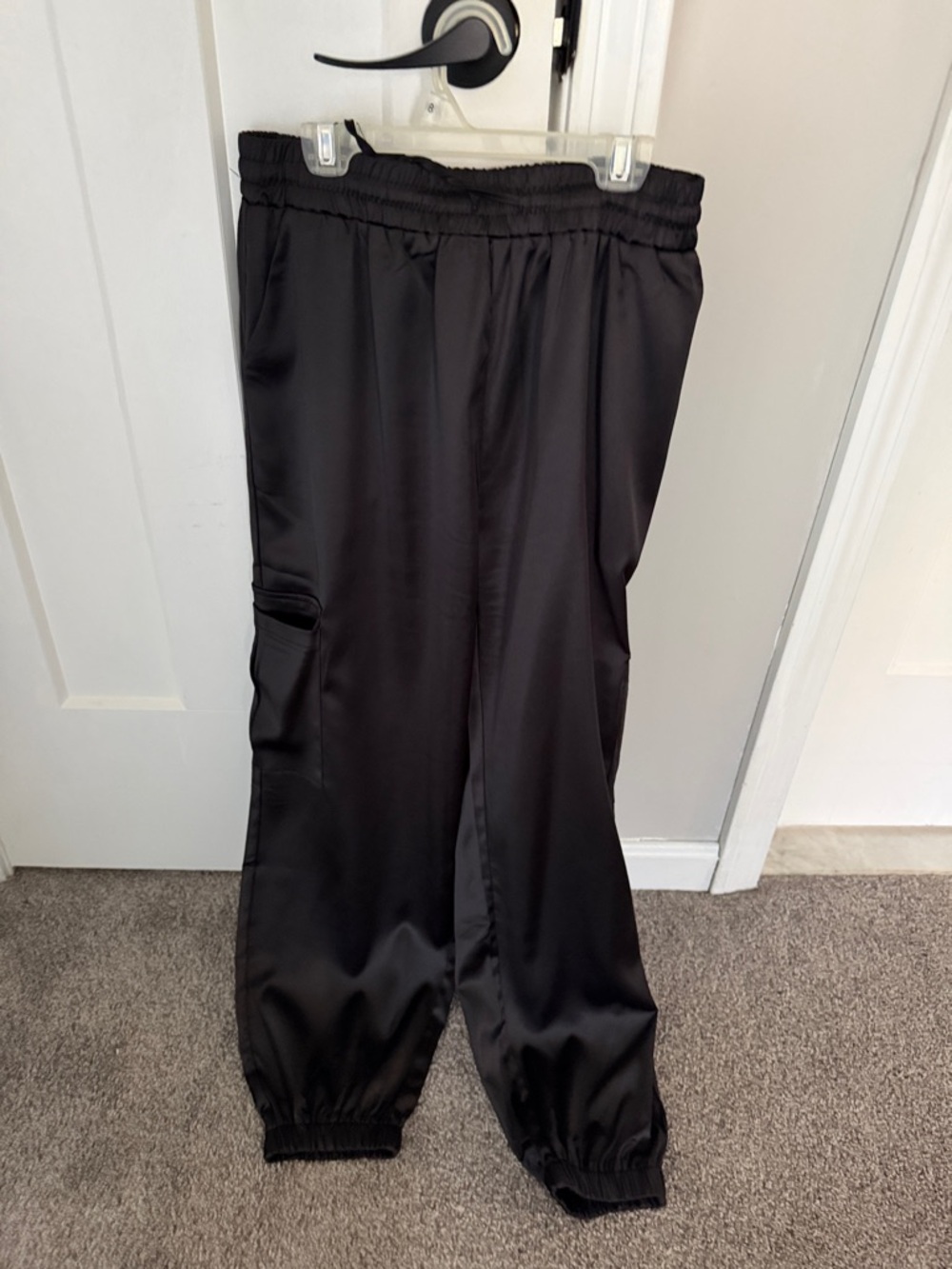 Women's Black Satin Jogger Pants with Elastic Cuffs
